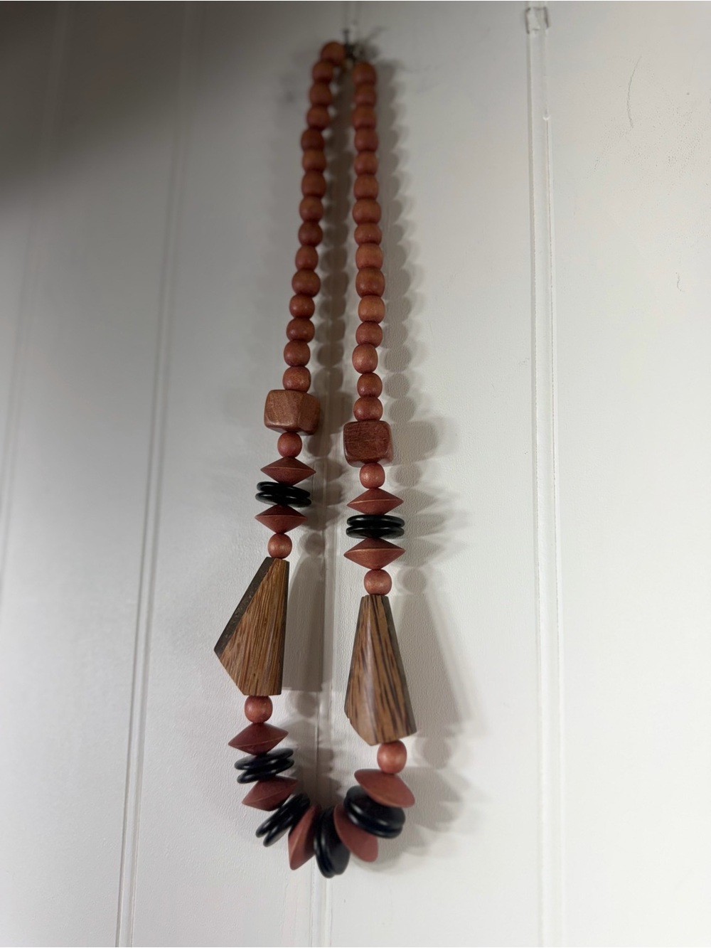 Vintage Wooden Geometric Bead Necklace – 24.5” Boho Statement Necklace - Picture 3 of 5